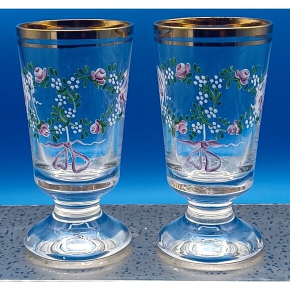 2 Antique Moser Enameled Pedestal Glasses Gold Rim Purple Floral Swags Design - Picture 2 of 16
